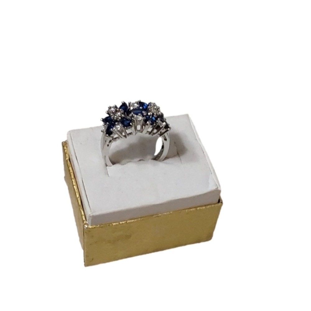 925 STERLING SILVER SAPHIRE BLUE CLUSTER‎ DIAMONDS RING SIZE 7.5